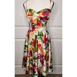 Stop Staring Fit & Flare Dress Floral Satin Pinup Fitted Bodice Fill Skirt Small